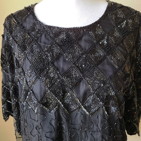 Laurence Kazar Silk Blouse Large Black‎ Lined Embellished Beaded Short Sleeve - Picture 4 of 12